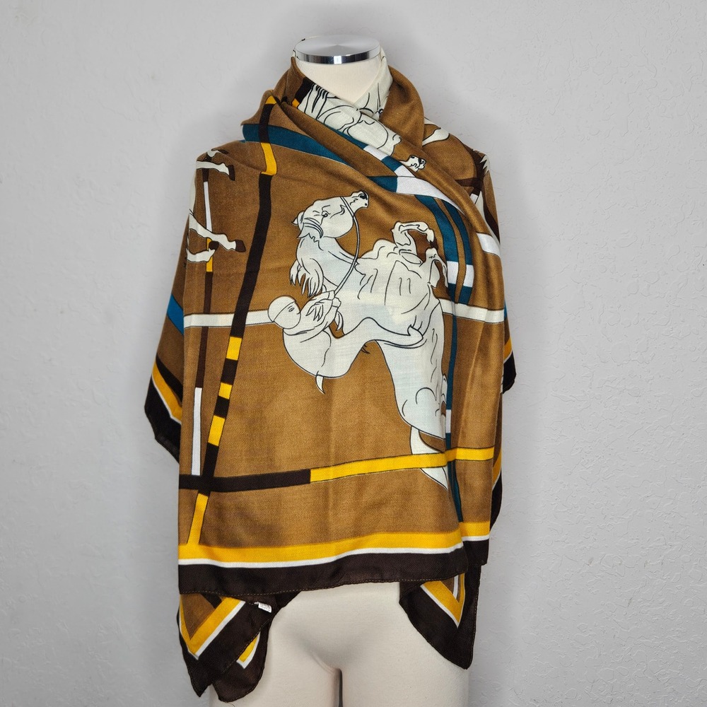 Equestrian Horse Print Oversized Scarf‎ Shawl Wrap Brown Blue Gold 100% Viscose